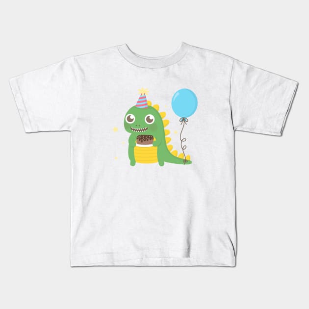 Cute Party Dinosaur with Cake and Balloon Kids T-Shirt by rustydoodle